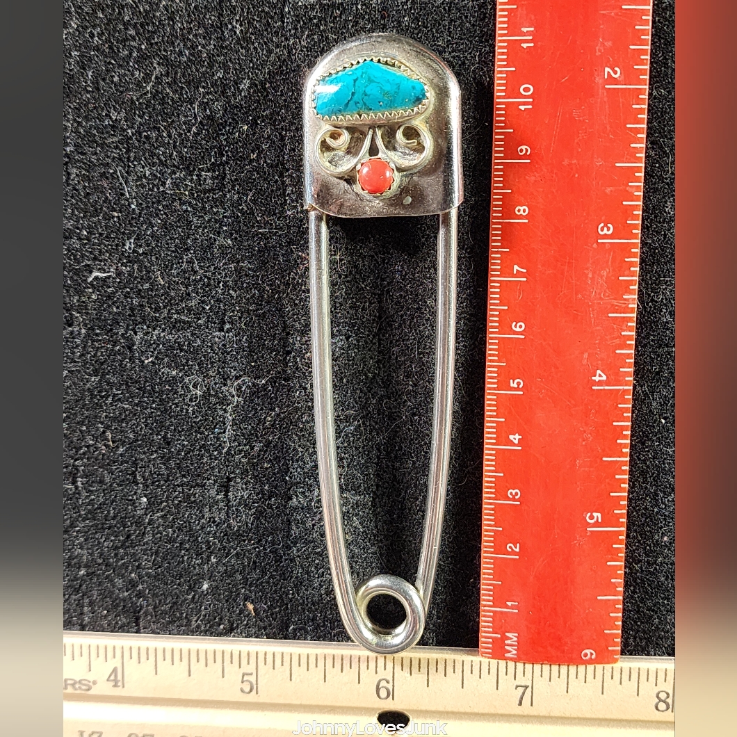 Large Native American Locker Pin SteelSterling Silver CoralTurquoise Cabs 113$